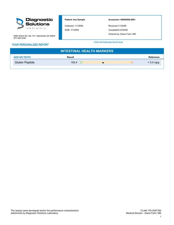 Fecal Gluten Peptide Sample Report preview