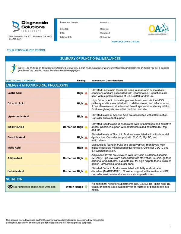 OAp Organic Acids Profile Sample Report preview